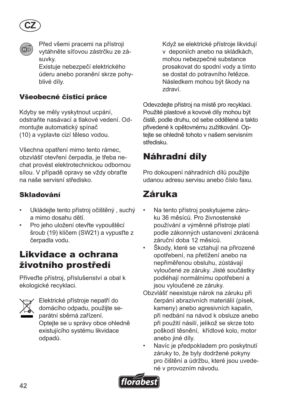 Likvidace a ochrana životního prostředí, Náhradní díly, Záruka | Florabest FHA 1100 A1 User Manual | Page 42 / 66