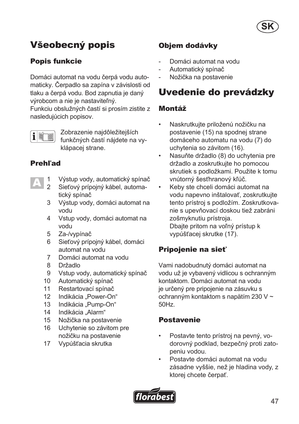 Sk všeobecný popis, Uvedenie do prevádzky | Florabest FHA 1100 A1 User Manual | Page 47 / 66