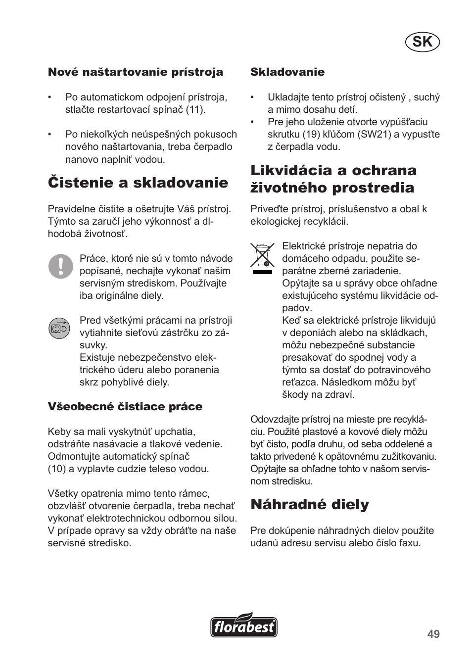 Čistenie a skladovanie, Likvidácia a ochrana životného prostredia, Náhradné diely | Florabest FHA 1100 A1 User Manual | Page 49 / 66