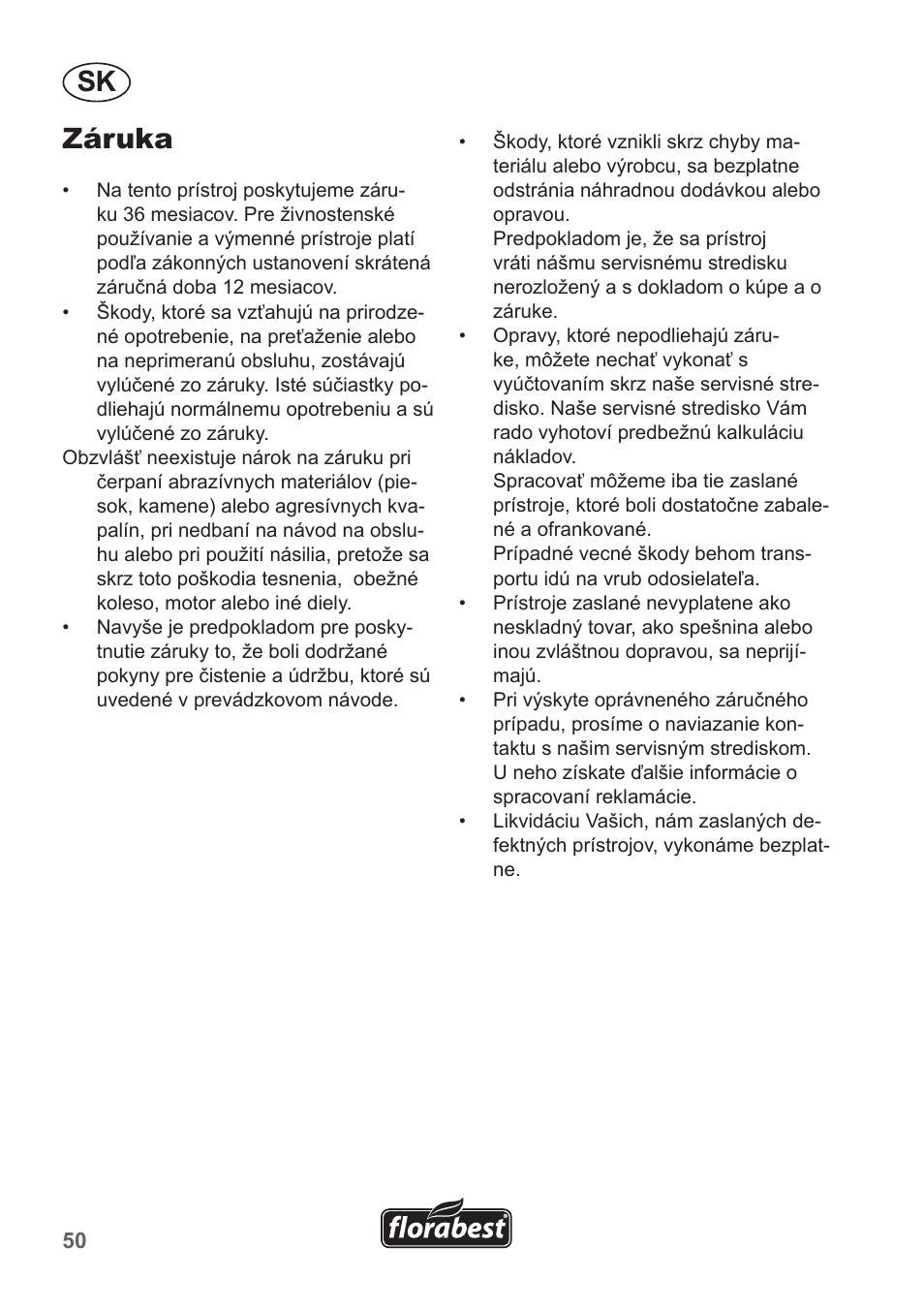 Sk záruka | Florabest FHA 1100 A1 User Manual | Page 50 / 66