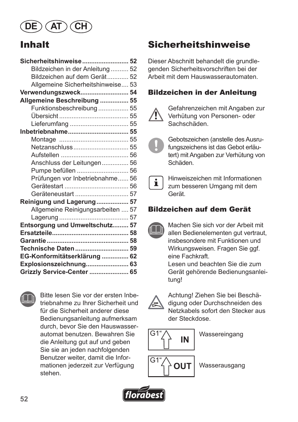 De at ch sicherheitshinweise, Inhalt | Florabest FHA 1100 A1 User Manual | Page 52 / 66