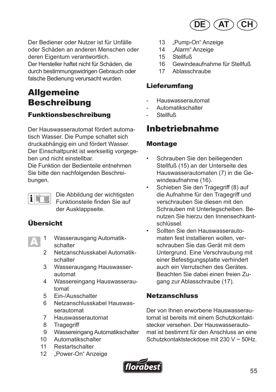 Ch at de, Allgemeine beschreibung, Inbetriebnahme | Florabest FHA 1100 A1 User Manual | Page 55 / 66