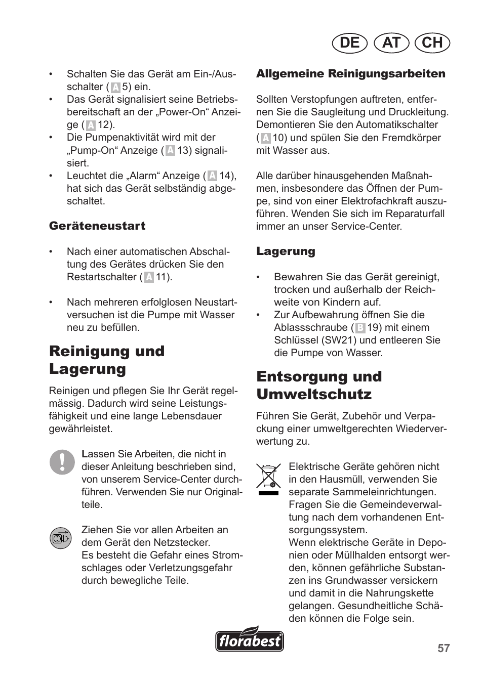 Ch at de, Reinigung und lagerung, Entsorgung und umweltschutz | Florabest FHA 1100 A1 User Manual | Page 57 / 66