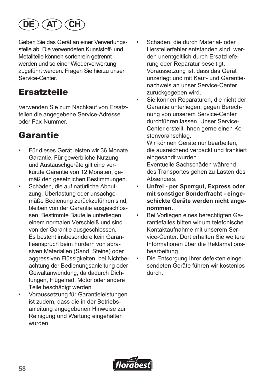 De at ch, Ersatzteile, Garantie | Florabest FHA 1100 A1 User Manual | Page 58 / 66