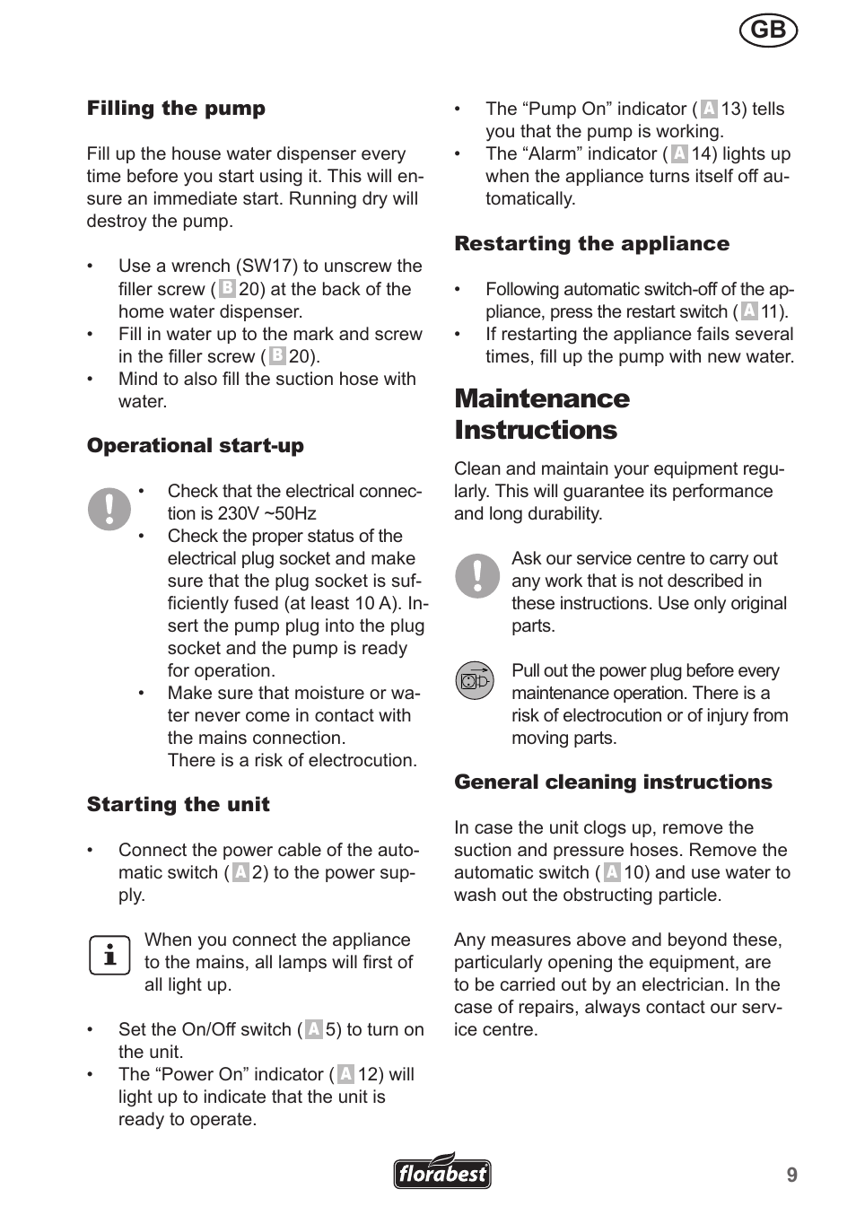 Maintenance instructions | Florabest FHA 1100 A1 User Manual | Page 9 / 66