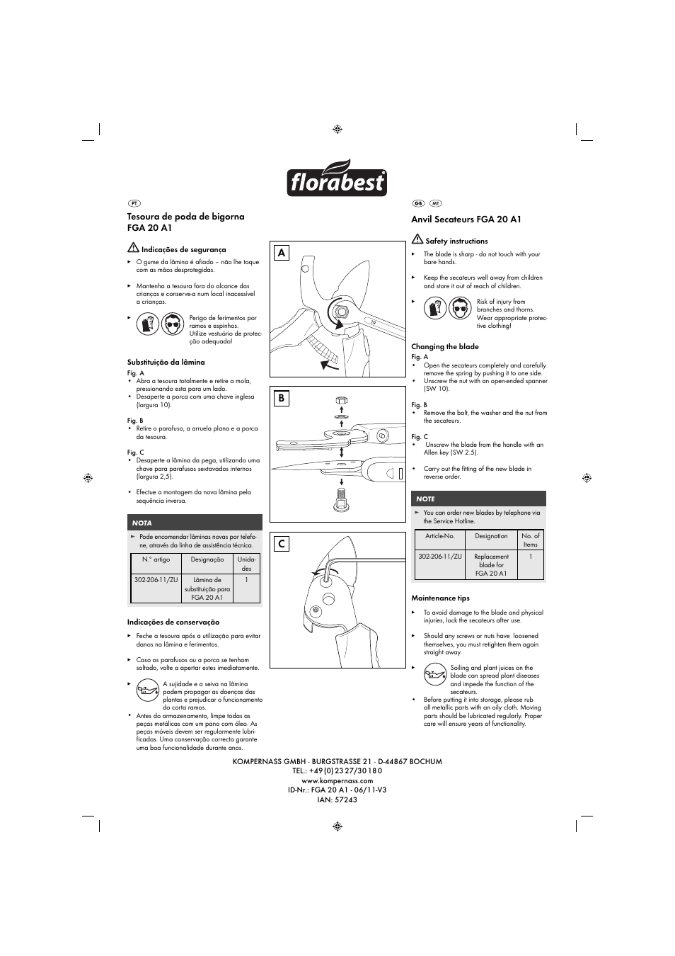 Ab c, Tesoura de poda de bigorna fga 20 a1, Anvil secateurs fga 20 a1 | Florabest FGA 20 A1 User Manual | Page 2 / 2