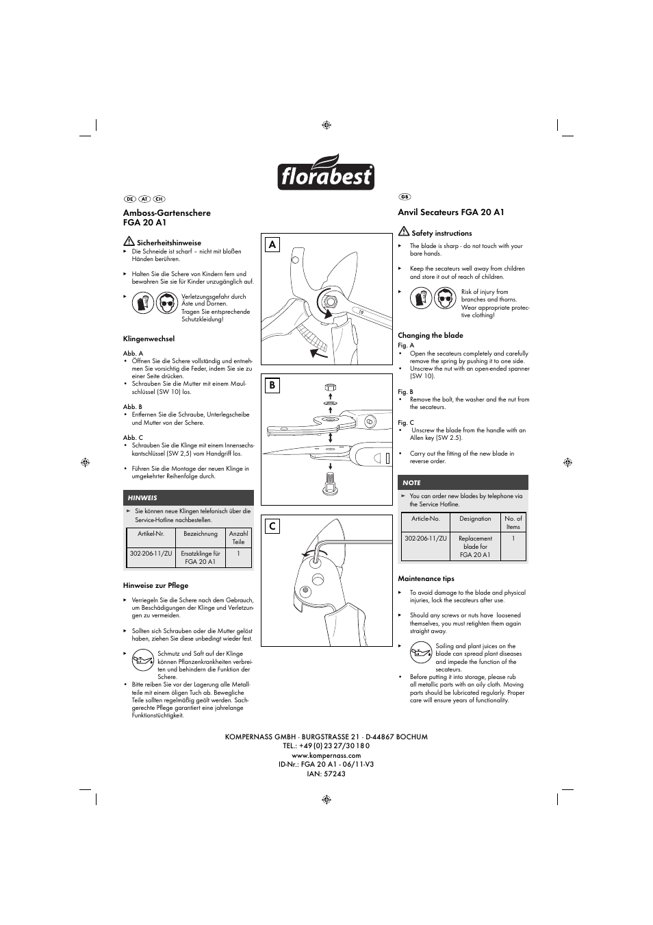 Ab c, Amboss-gartenschere fga 20 a1, Anvil secateurs fga 20 a1 | Florabest FGA 20 A1 User Manual | Page 2 / 2