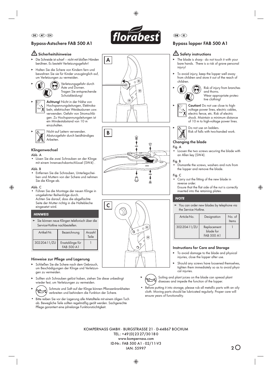 Ab c, Bypass-astschere fab 500 a1, Bypass lopper fab 500 a1 | Florabest FAB 500 A1 User Manual | Page 2 / 2