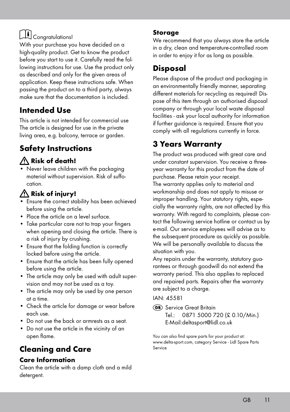 Intended use, Safety instructions, Cleaning and care | Disposal, 3 years warranty | Florabest LS-1708 User Manual | Page 11 / 12