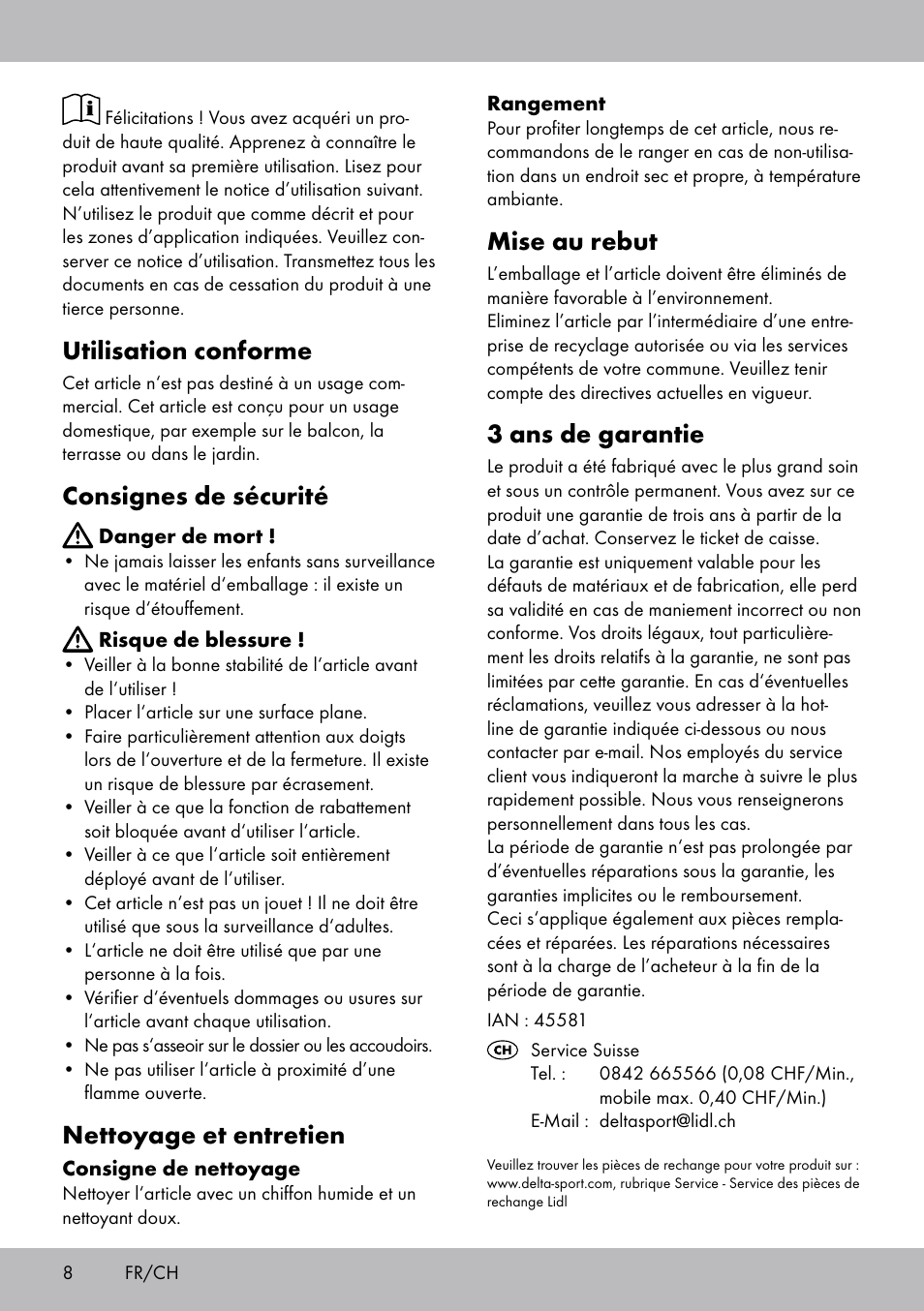 Utilisation conforme, Consignes de sécurité, Nettoyage et entretien | Mise au rebut, 3 ans de garantie | Florabest LS-1708 User Manual | Page 8 / 12