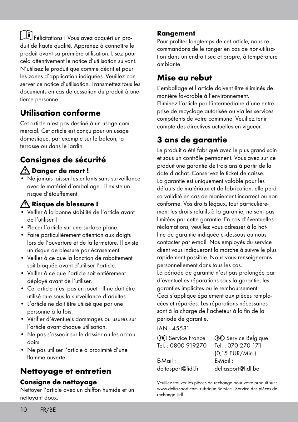 Utilisation conforme, Consignes de sécurité, Nettoyage et entretien | Mise au rebut, 3 ans de garantie | Florabest LS-1708 User Manual | Page 10 / 16