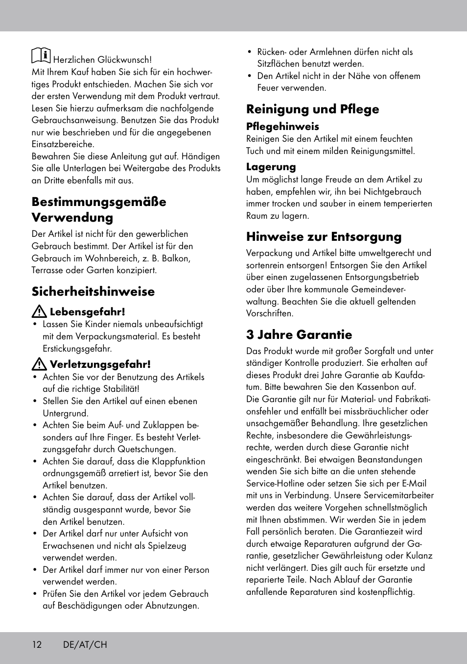 Bestimmungsgemäße verwendung, Sicherheitshinweise, Reinigung und pflege | Hinweise zur entsorgung, 3 jahre garantie | Florabest LS-1708 User Manual | Page 12 / 16