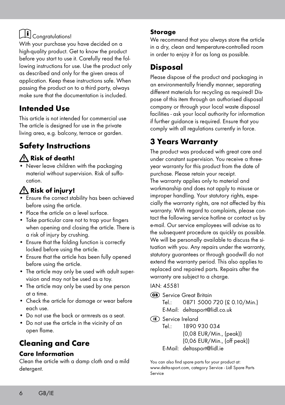 Intended use, Safety instructions, Cleaning and care | Disposal, 3 years warranty | Florabest LS-1708 User Manual | Page 6 / 16