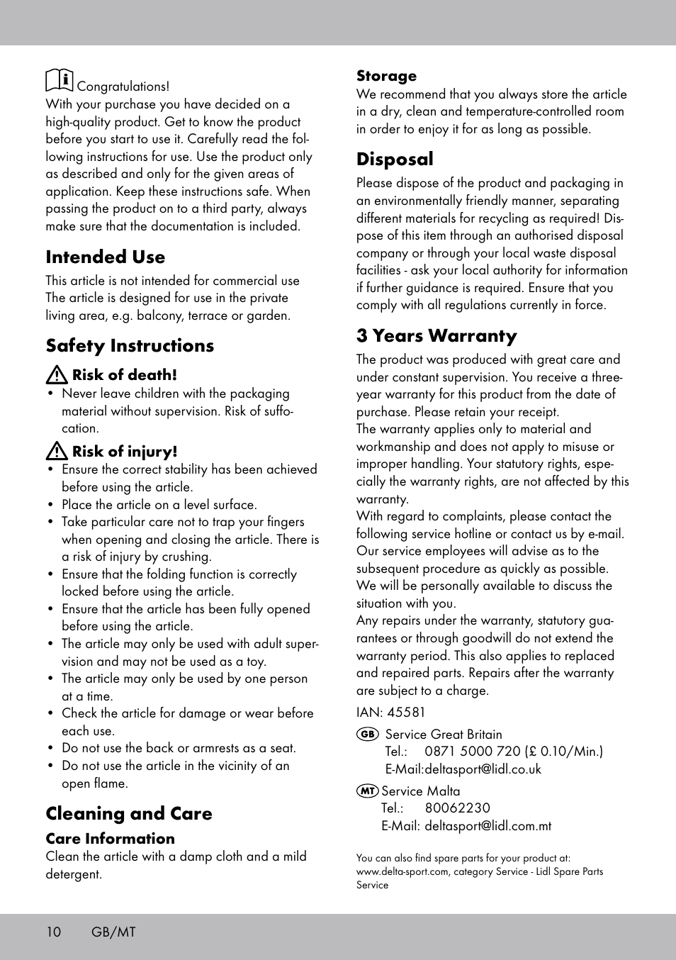 Intended use, Safety instructions, Cleaning and care | Disposal, 3 years warranty | Florabest LS-1708 User Manual | Page 10 / 16