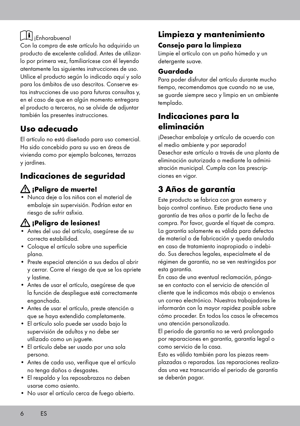 Uso adecuado, Indicaciones de seguridad, Limpieza y mantenimiento | Indicaciones para la eliminación, 3 años de garantía | Florabest LS-1708 User Manual | Page 6 / 16