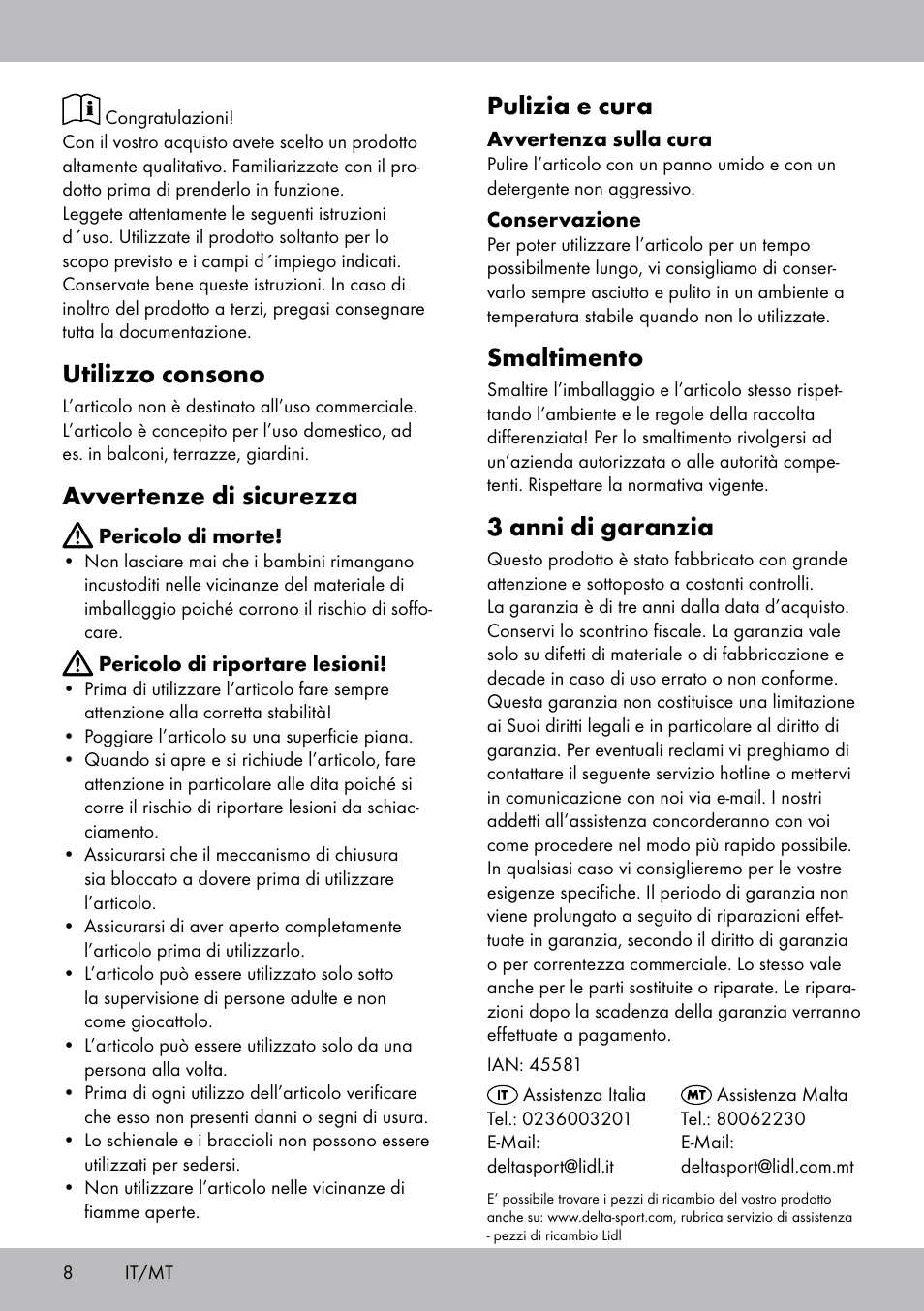 Utilizzo consono, Avvertenze di sicurezza, Pulizia e cura | Smaltimento, 3 anni di garanzia | Florabest LS-1708 User Manual | Page 8 / 16