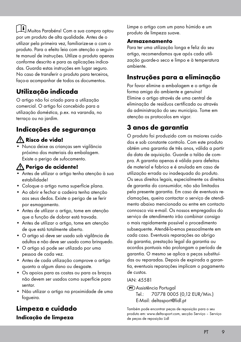 Utilização indicada, Indicações de segurança, Limpeza e cuidado | Instruções para a eliminação, 3 anos de garantia | Florabest LS-1708 User Manual | Page 9 / 16