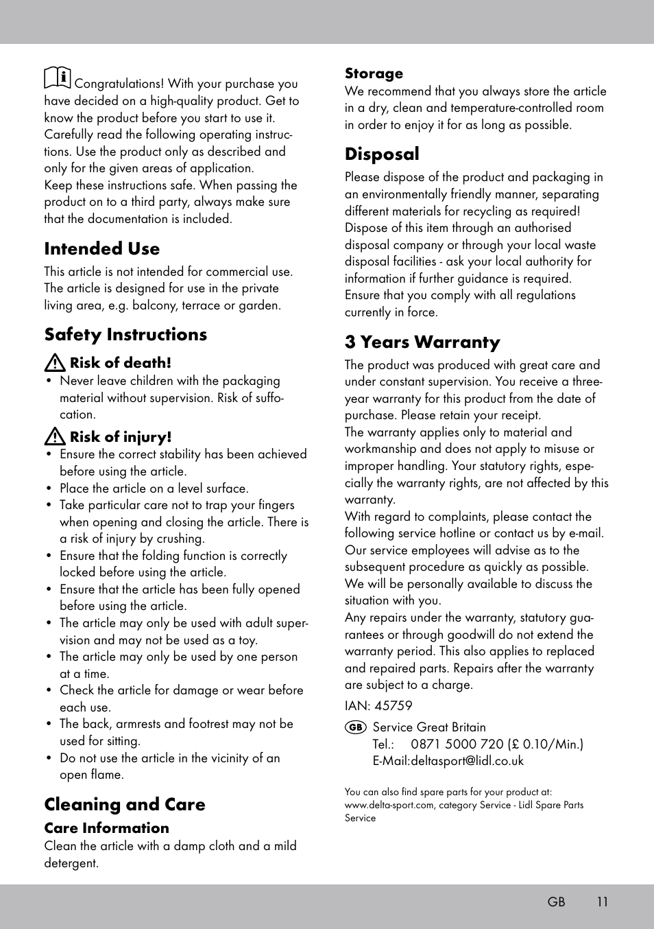 Intended use, Safety instructions, Cleaning and care | Disposal, 3 years warranty | Florabest RS-1705 User Manual | Page 11 / 12