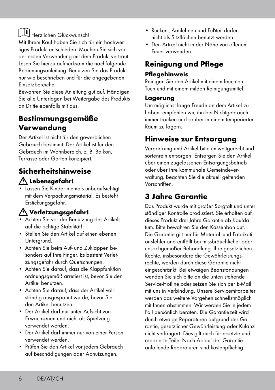 Bestimmungsgemäße verwendung, Sicherheitshinweise, Reinigung und pflege | Hinweise zur entsorgung, 3 jahre garantie | Florabest RS-1705 User Manual | Page 6 / 12