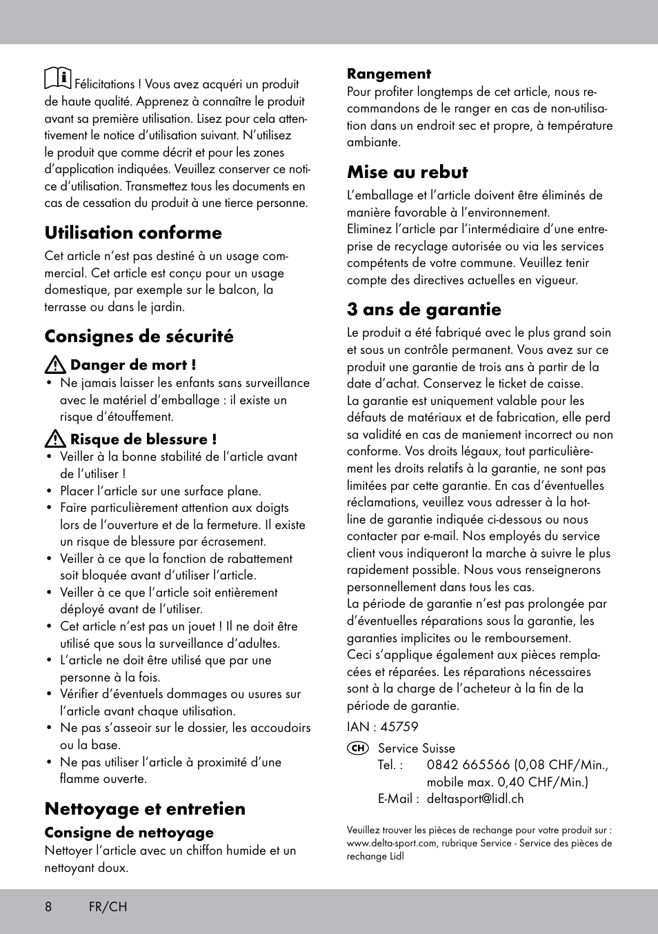 Utilisation conforme, Consignes de sécurité, Nettoyage et entretien | Mise au rebut, 3 ans de garantie | Florabest RS-1705 User Manual | Page 8 / 12