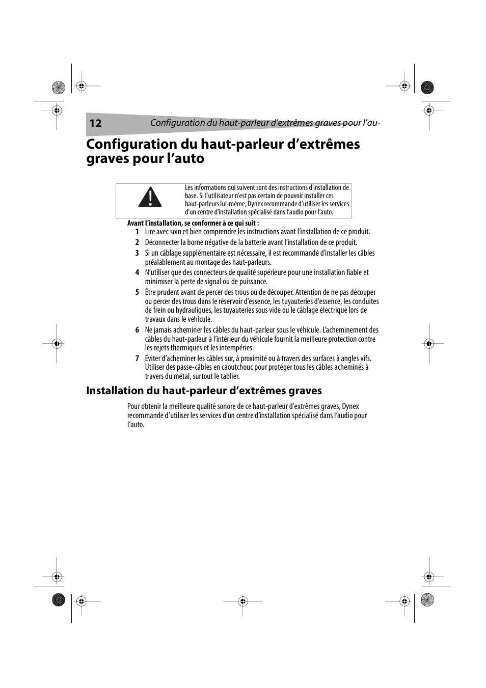 Avant l’installation, se conformer à ce qui suit, Installation du haut-parleur d’extrêmes graves | Dynex DX-S2000 User Manual | Page 12 / 30