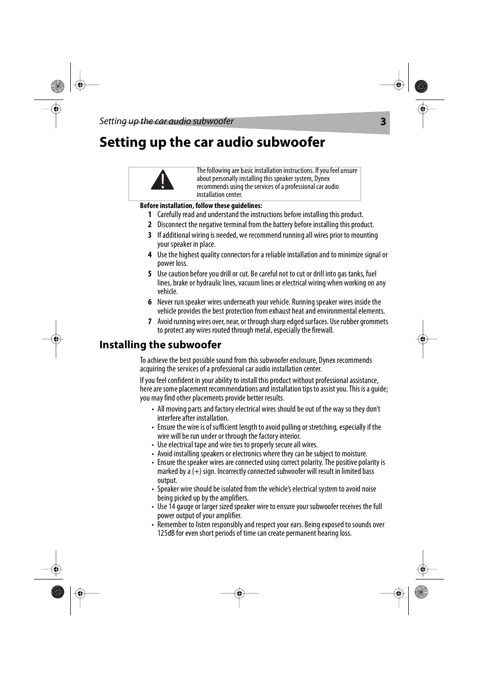 Setting up the car audio subwoofer, Before installation, follow these guidelines, Installing the subwoofer | Dynex DX-S2000 User Manual | Page 3 / 30