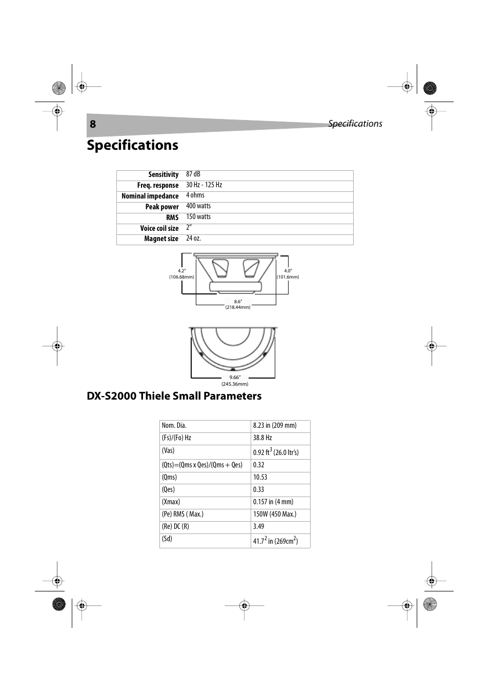 Specifications, Dx-s2000 thiele small parameters | Dynex DX-S2000 User Manual | Page 8 / 30