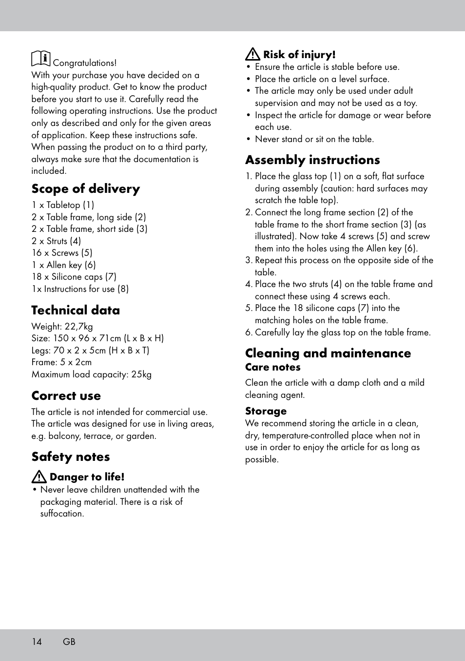 Scope of delivery, Technical data, Correct use | Assembly instructions, Cleaning and maintenance | Florabest AG-1780 User Manual | Page 14 / 16