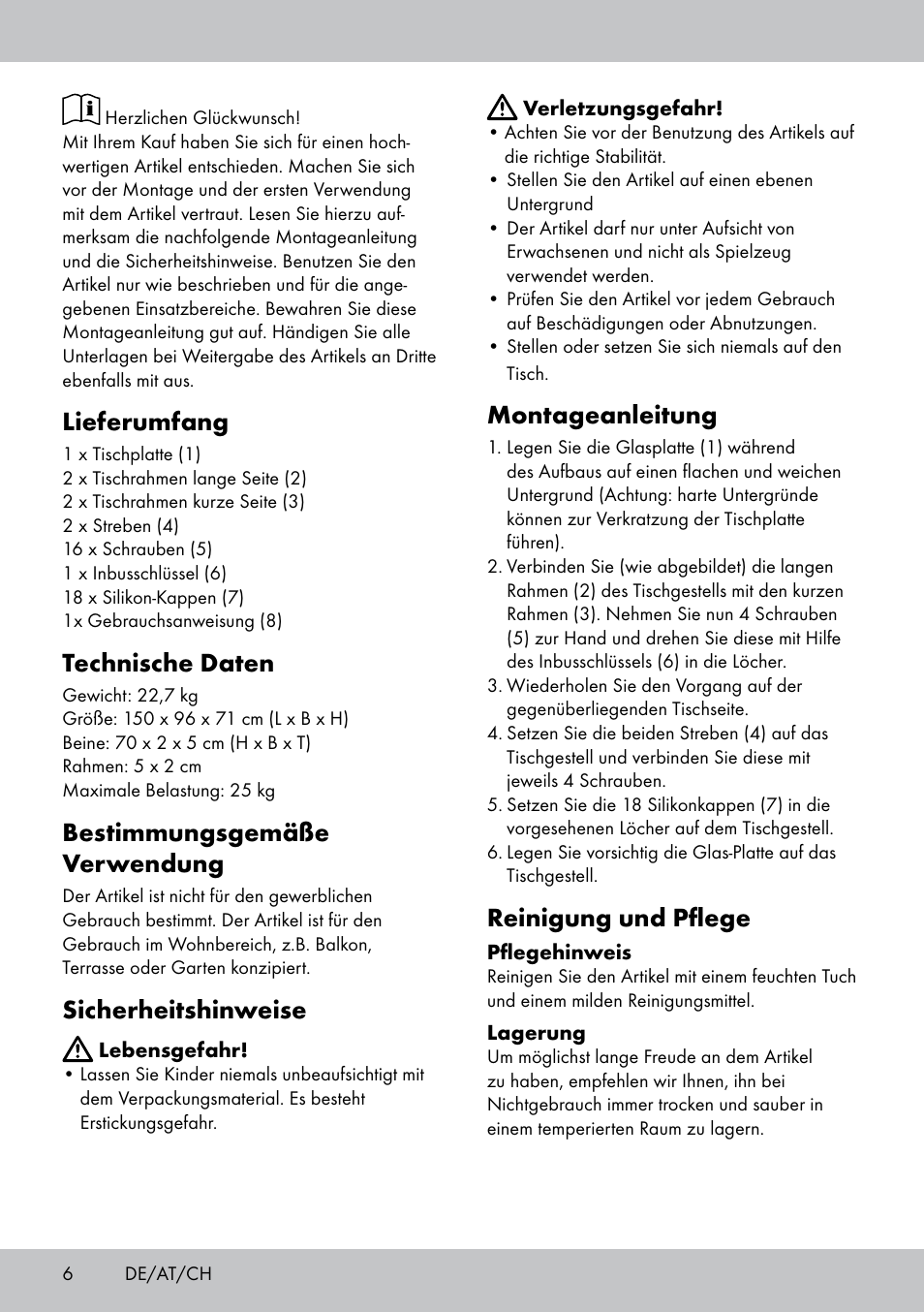 Lieferumfang, Technische daten, Bestimmungsgemäße verwendung | Sicherheitshinweise, Montageanleitung, Reinigung und pflege | Florabest AG-1780 User Manual | Page 6 / 16