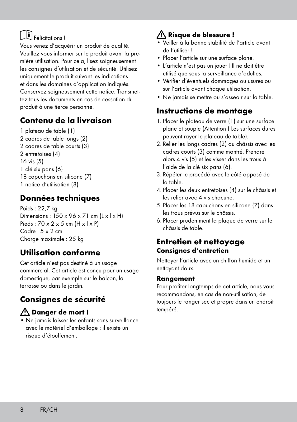 Contenu de la livraison, Données techniques, Utilisation conforme | Consignes de sécurité, Instructions de montage, Entretien et nettoyage | Florabest AG-1780 User Manual | Page 8 / 16