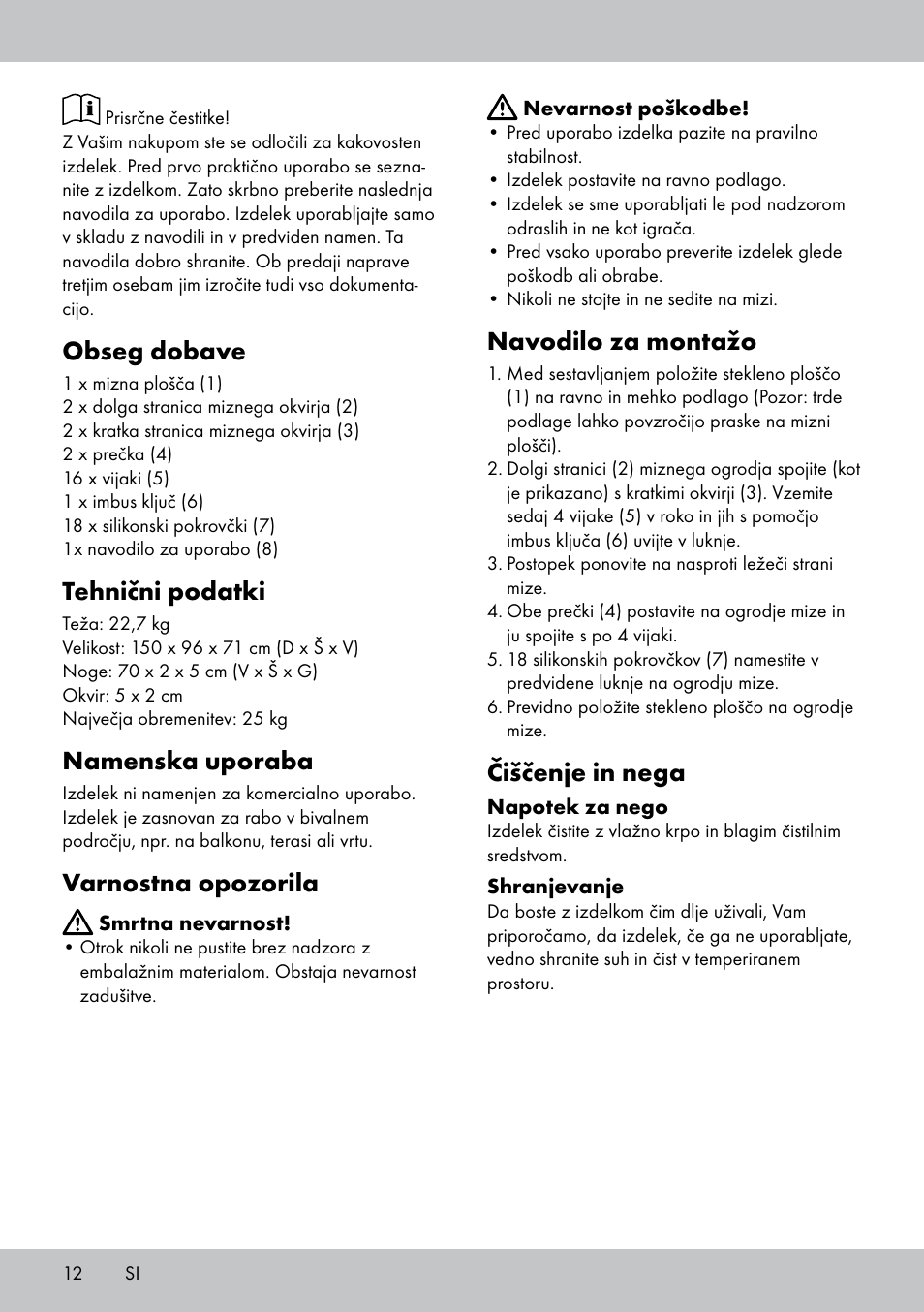 Obseg dobave, Tehnični podatki, Namenska uporaba | Varnostna opozorila, Navodilo za montažo, Čiščenje in nega | Florabest AG-1780 User Manual | Page 12 / 20