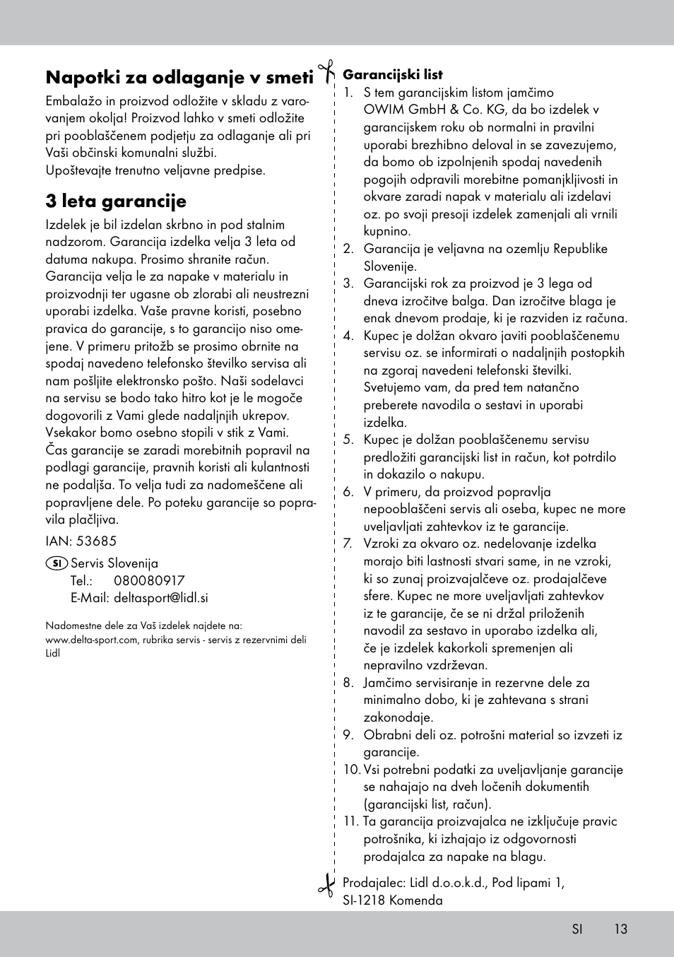 Napotki za odlaganje v smeti, 3 leta garancije | Florabest AG-1780 User Manual | Page 13 / 20