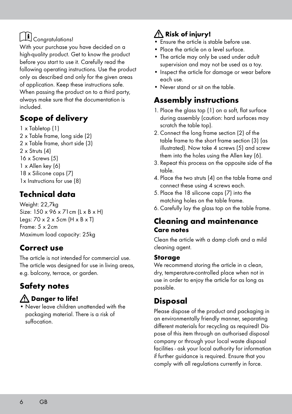 Scope of delivery, Technical data, Correct use | Assembly instructions, Cleaning and maintenance, Disposal | Florabest AG-1780 User Manual | Page 6 / 20