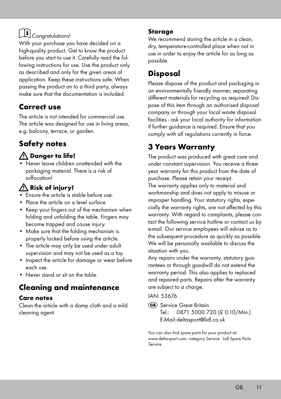 Correct use, Cleaning and maintenance, Disposal | 3 years warranty | Florabest AG-1759 User Manual | Page 11 / 12