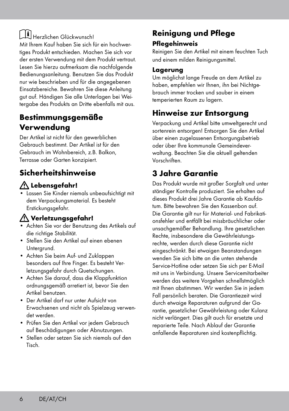 Bestimmungsgemäße verwendung, Sicherheitshinweise, Reinigung und pflege | Hinweise zur entsorgung, 3 jahre garantie | Florabest AG-1759 User Manual | Page 6 / 12