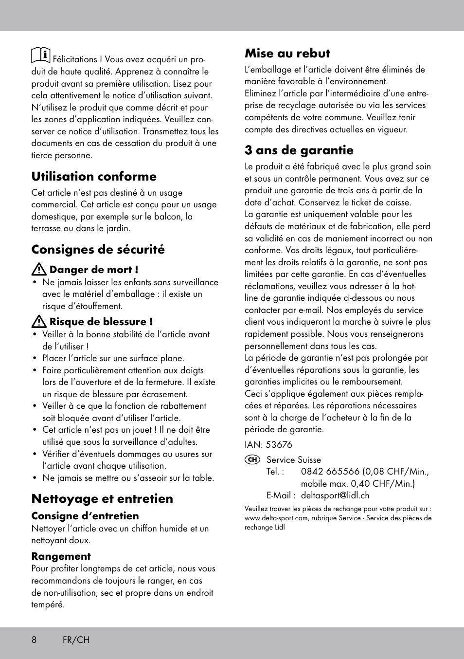 Utilisation conforme, Consignes de sécurité, Nettoyage et entretien | Mise au rebut, 3 ans de garantie | Florabest AG-1759 User Manual | Page 8 / 12