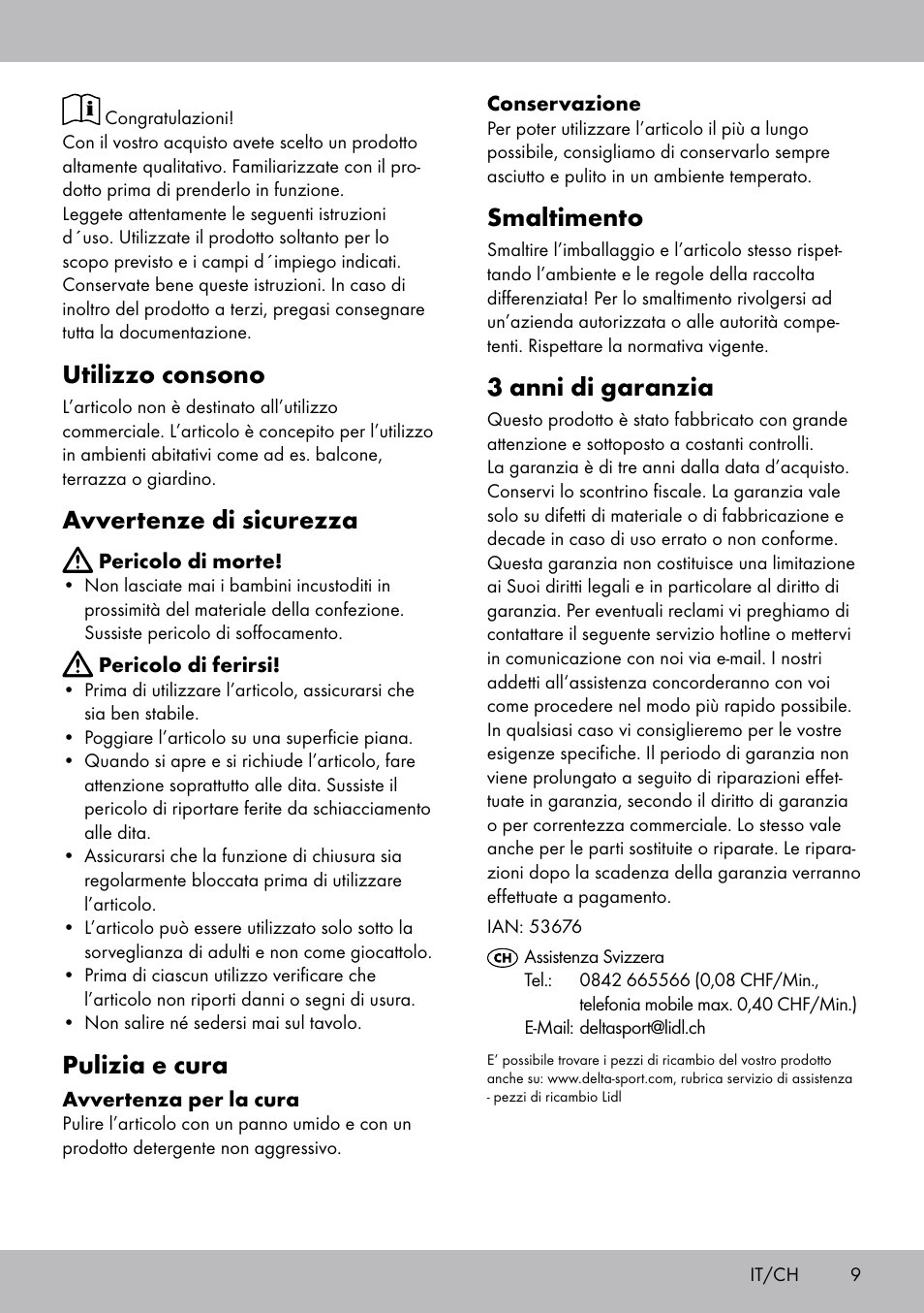 Utilizzo consono, Avvertenze di sicurezza, Pulizia e cura | Smaltimento, 3 anni di garanzia | Florabest AG-1759 User Manual | Page 9 / 12