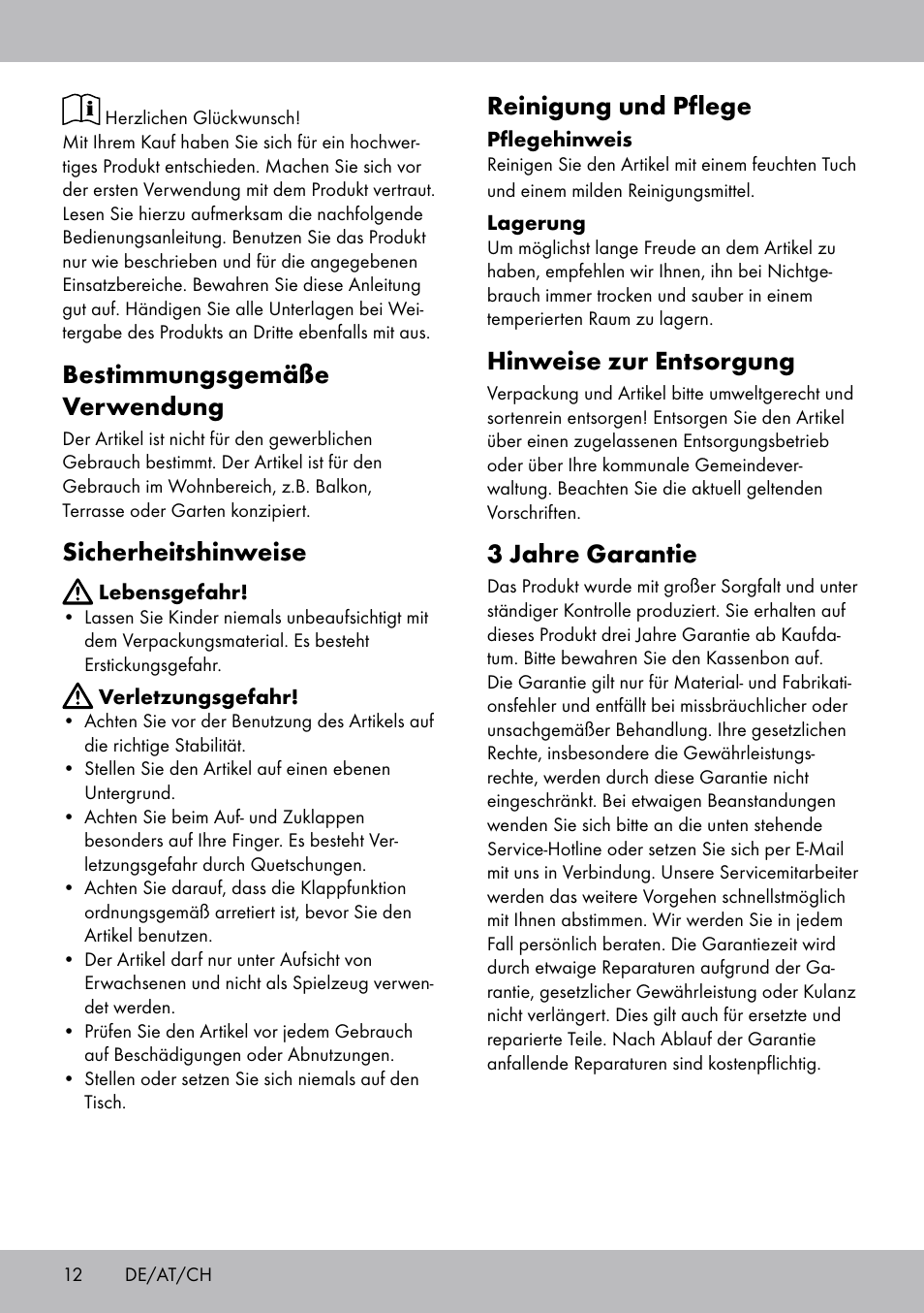 Bestimmungsgemäße verwendung, Sicherheitshinweise, Reinigung und pflege | Hinweise zur entsorgung, 3 jahre garantie | Florabest AG-1759 User Manual | Page 12 / 16