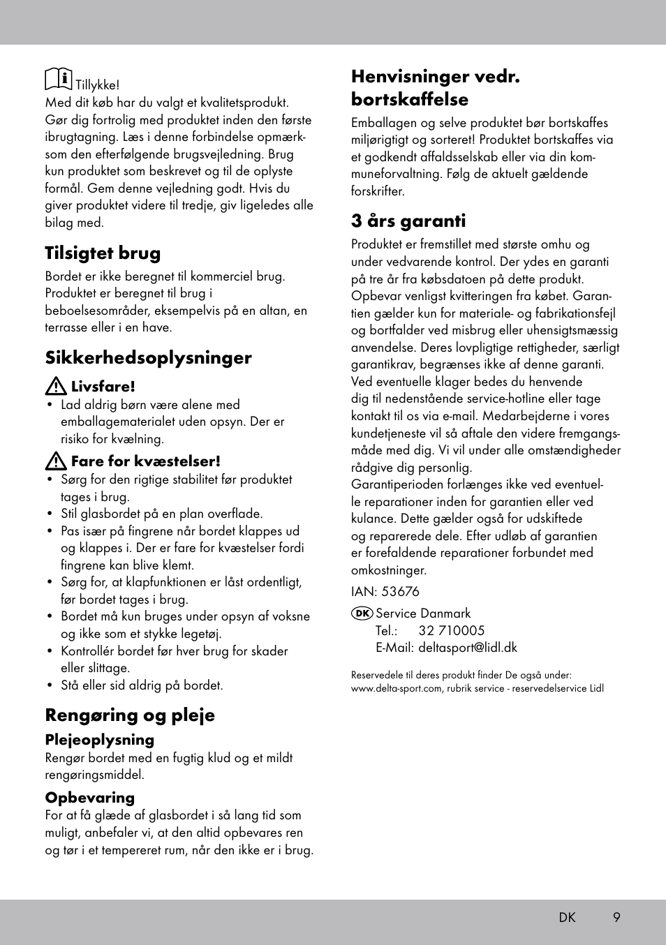 Tilsigtet brug, Sikkerhedsoplysninger, Rengøring og pleje | Henvisninger vedr. bortskaffelse, 3 års garanti | Florabest AG-1759 User Manual | Page 9 / 16