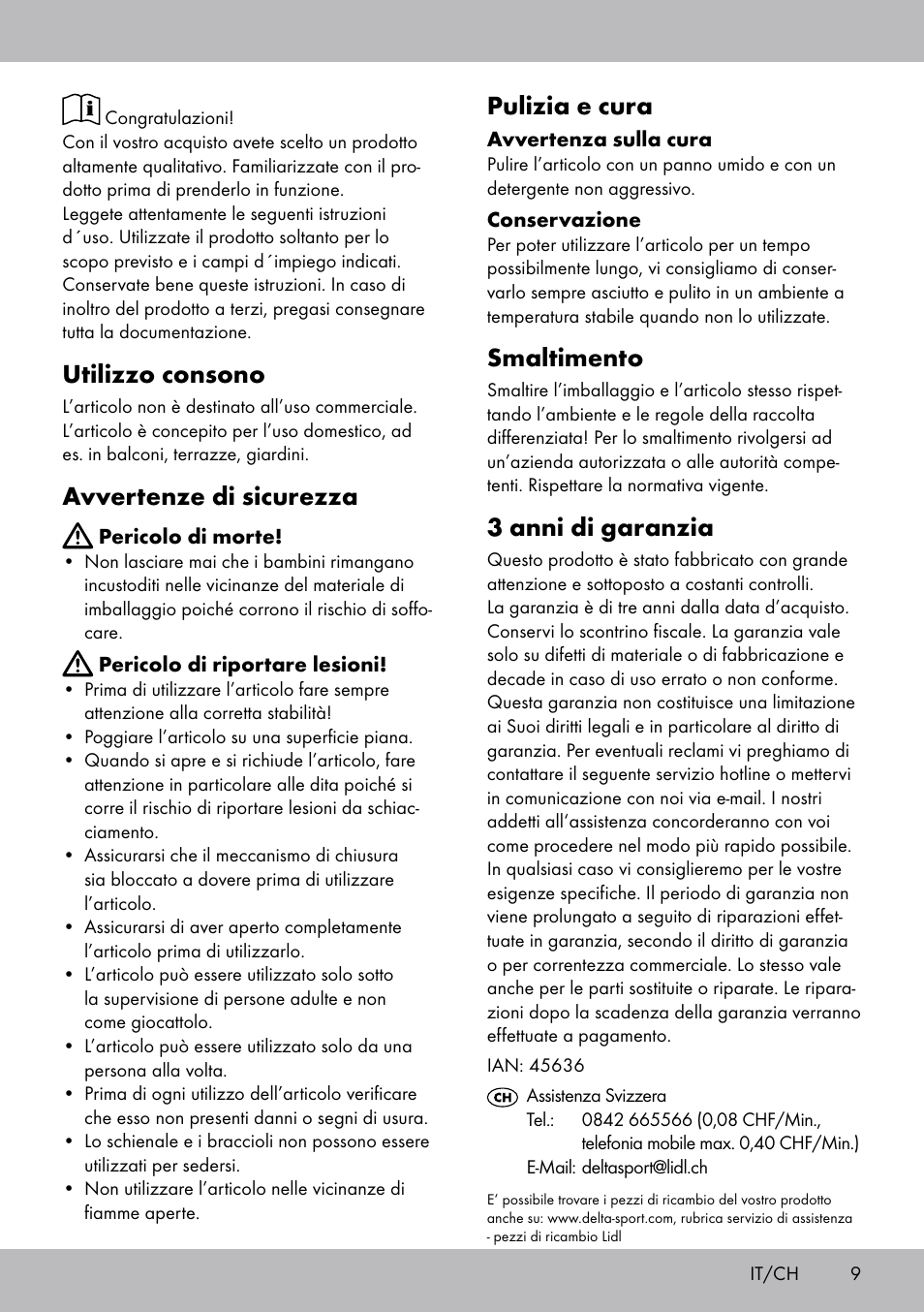 Utilizzo consono, Avvertenze di sicurezza, Pulizia e cura | Smaltimento, 3 anni di garanzia | Florabest KS-1707 User Manual | Page 9 / 12