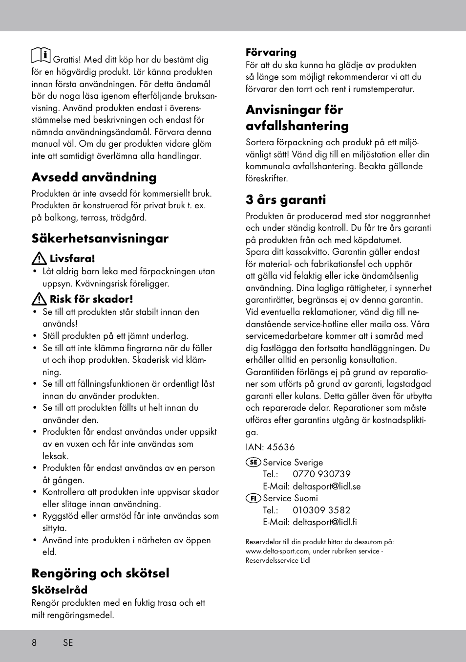 Avsedd användning, Säkerhetsanvisningar, Rengöring och skötsel | Anvisningar för avfallshantering, 3 års garanti | Florabest KS-1707 User Manual | Page 8 / 16