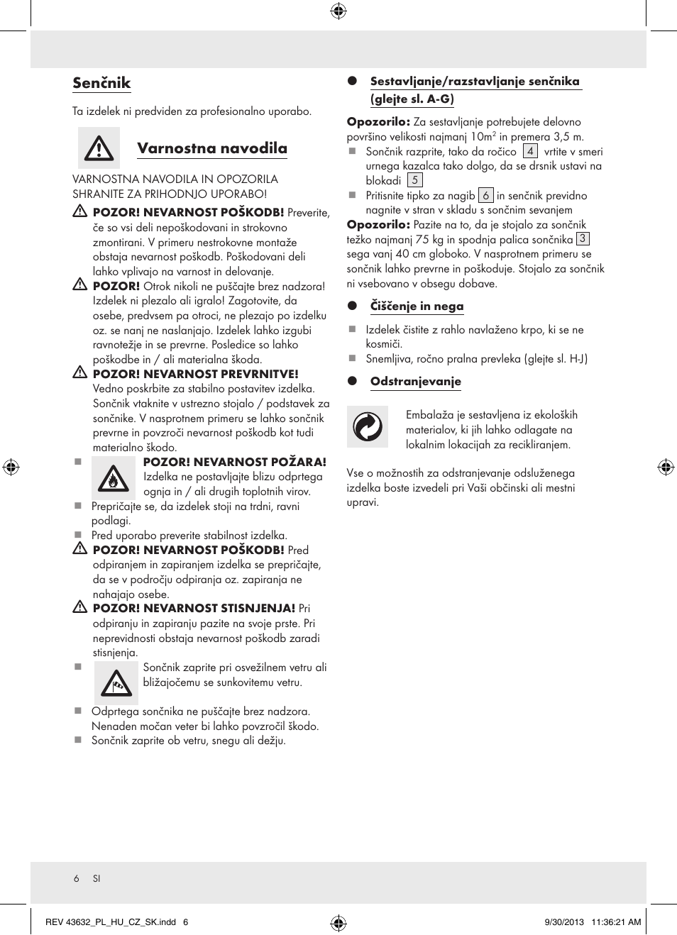 Senčnik, Varnostna navodila | Florabest Z31360A User Manual | Page 6 / 13