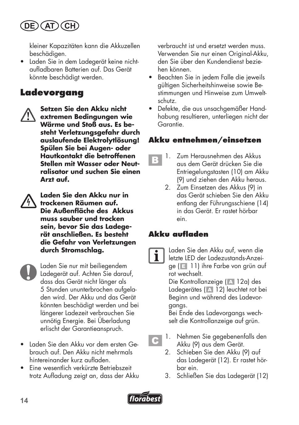 Ladevorgang, De at ch | Florabest FAH 18 C3 User Manual | Page 14 / 78