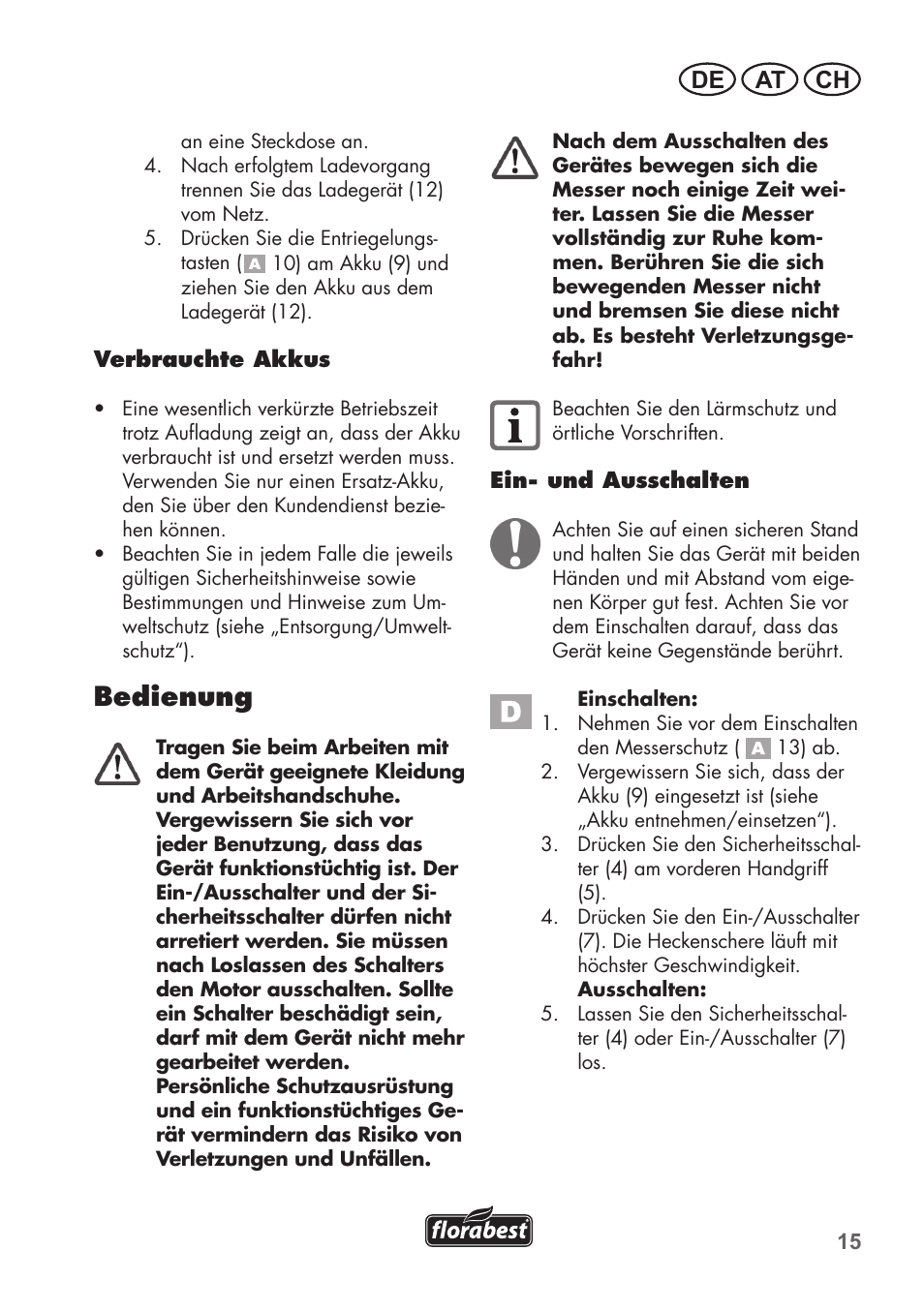 Bedienung, De at ch | Florabest FAH 18 C3 User Manual | Page 15 / 78