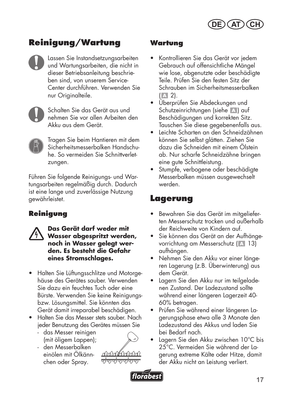 Reinigung/wartung, Lagerung, De at ch | Florabest FAH 18 C3 User Manual | Page 17 / 78