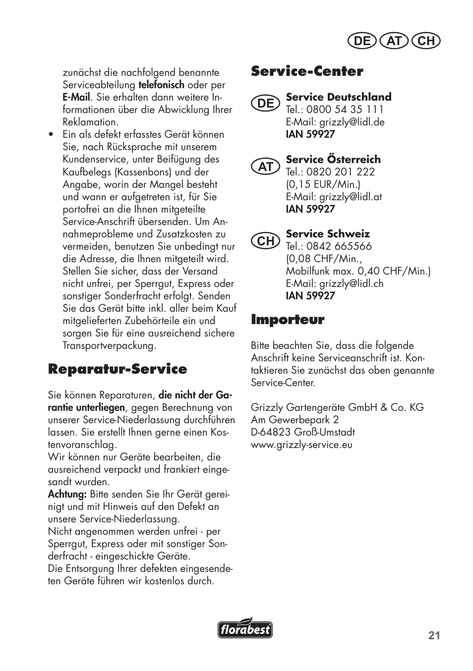 Reparatur-service, Service-center, Importeur | De at ch | Florabest FAH 18 C3 User Manual | Page 21 / 78