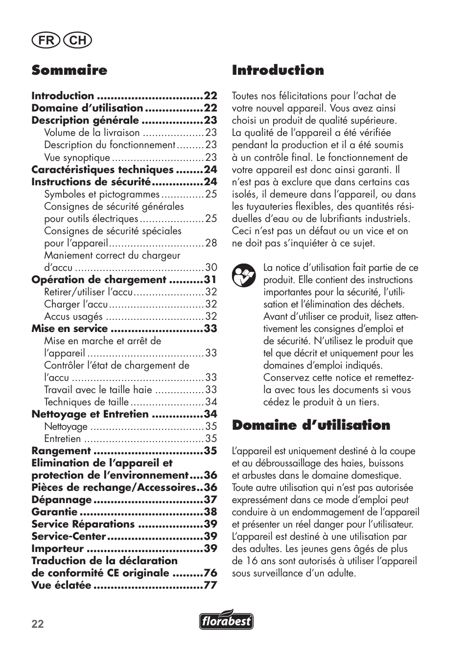 Introduction, Domaine d’utilisation, Sommaire | Fr ch | Florabest FAH 18 C3 User Manual | Page 22 / 78