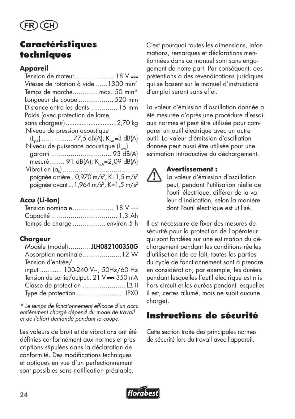 Caractéristiques techniques, Instructions de sécurité, Fr ch | Florabest FAH 18 C3 User Manual | Page 24 / 78