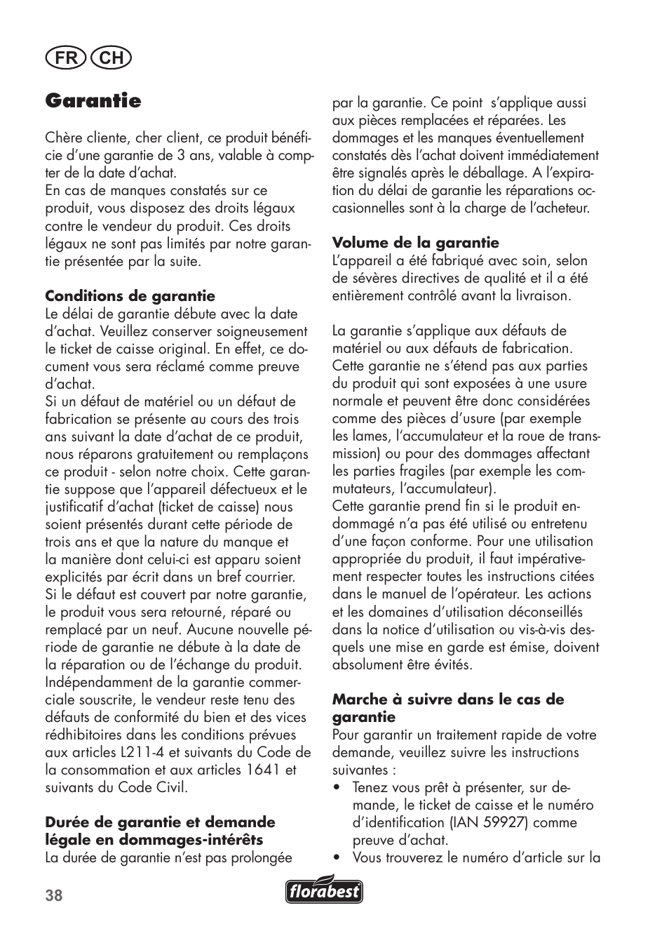 Garantie, Fr ch | Florabest FAH 18 C3 User Manual | Page 38 / 78
