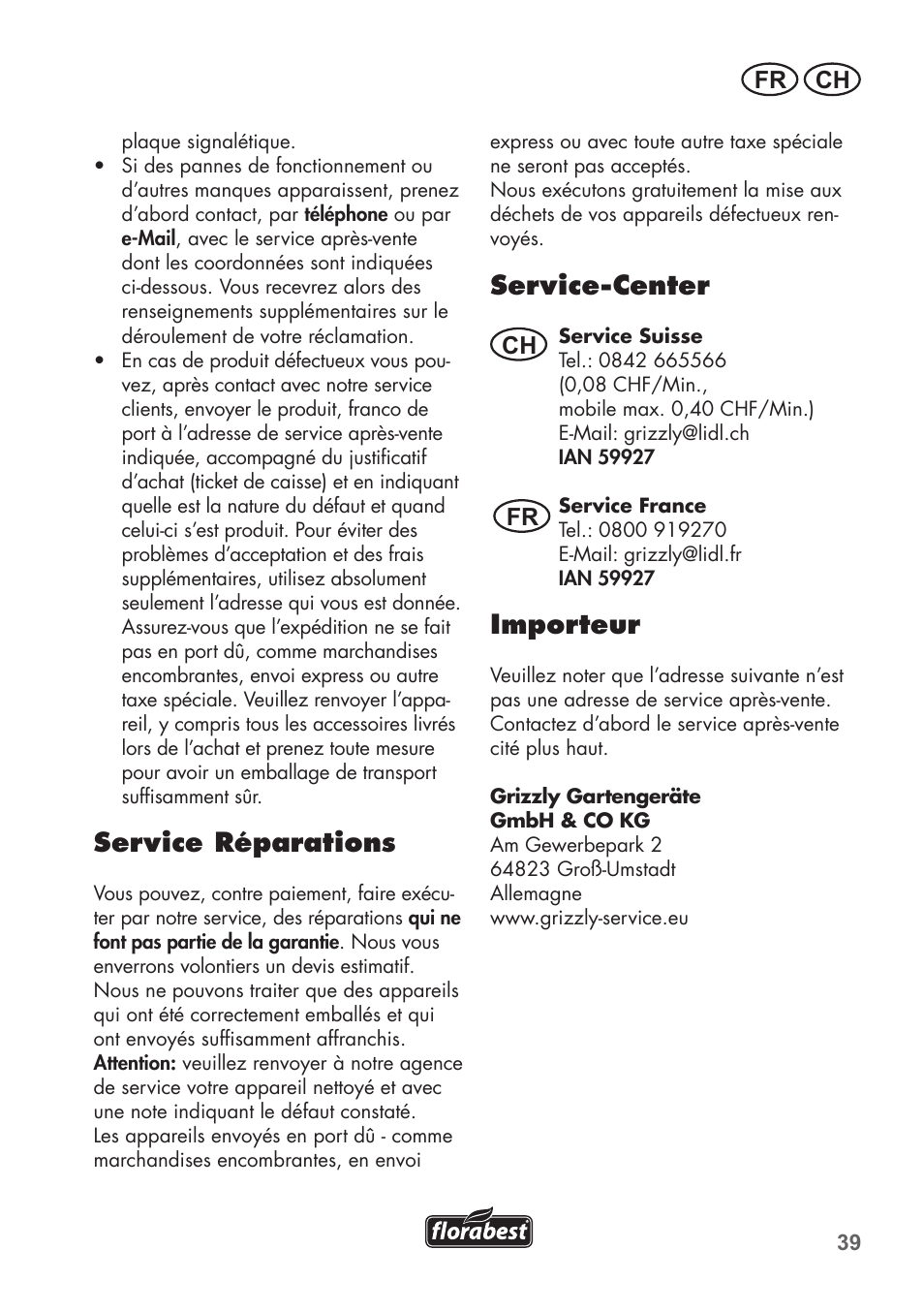 Service réparations, Service-center, Importeur | Fr ch, Ch fr | Florabest FAH 18 C3 User Manual | Page 39 / 78